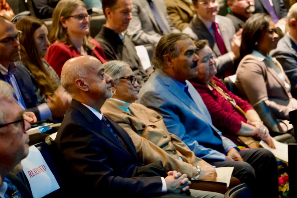 Virginia Indigenous tribe chiefs observe the Dec. 2, 2025, meeting of the Chesapeake Executive Council, where the Chesapeake Bay partnership agreed to study how to formally include the tribes in bay cleanup planning. It was supposed to issue recommendations by July, but tribal leaders say they have been stonewalled. (Photo by Christine Condon/ Maryland Matters)