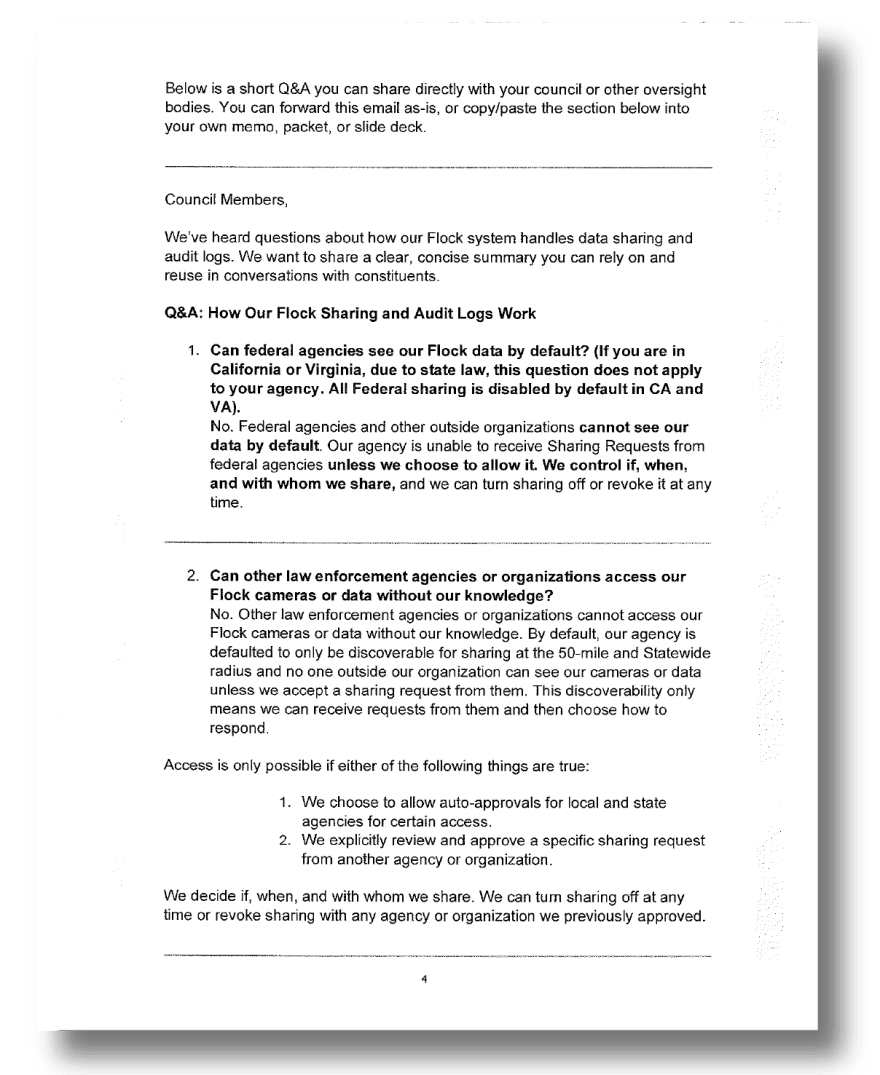 A page from Flock Safety’s letter to William & Mary police chief, Don Butler