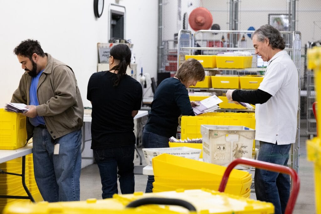 Election workers sort ballots at Contra Costa County's election operations facility on May 27, 2026 in Martinez, California. (Photo by Benjamin Fanjoy/Getty Images)