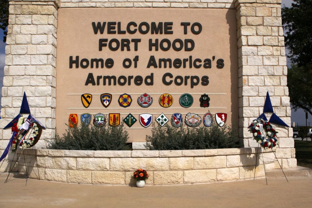 The main gate at Fort Hood on South Fort Hood Street in Killeen, Texas. (Photo credit: U.S. Army)